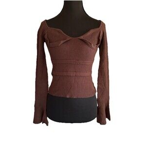 Knit Mix Brown Sweetheart Neck Crop Top Ribbed Sweater Bell Sleeve Sz S